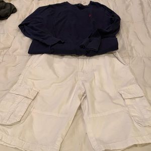 Ralph Lauren blue long sleeve T-shirt and white Southpole cargo shorts
